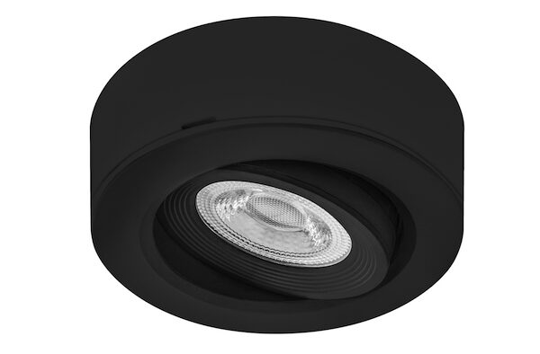 Luminario de techo LED blanco 6500 K 7 Watts óptica 38° redondo de sobreponer carcasa de policarbonato acabado negro e interior aluminio 85 - 265 Vca protección IP42