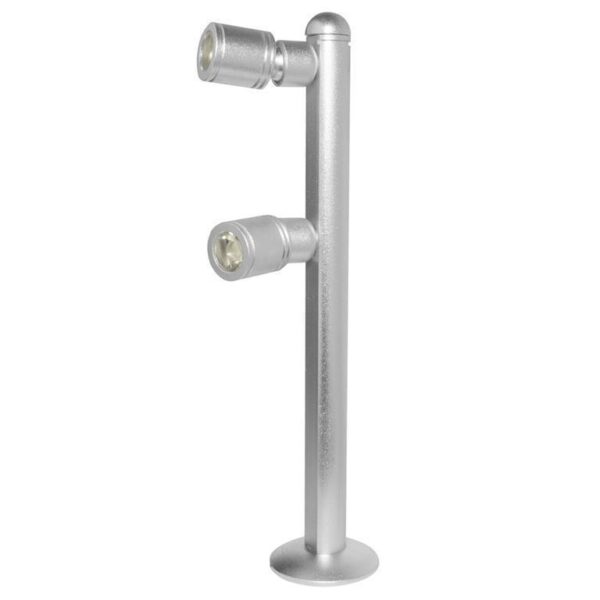 Luminario tipo poste con 2 cabezales de led blanco neutro 2 Watts óptica 35° cilíndrico de sobreponer dirigible aluminio acabado gris 85-265V ca protección IP20