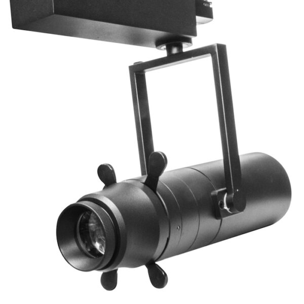 Luminario de led tipo elipsoidal para riel electrificado atenuable con cambio de temperatura de color de 2700-6500K mediante control remoto 30 Watts ángulo de apertura ajustable mediante cortadores de luz aluminio acabado negro 85-265V ca protección IP20