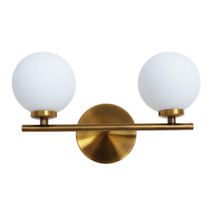 Lámpara de pared de esferas de metal y cristal opalino en acabado oro antiguo.