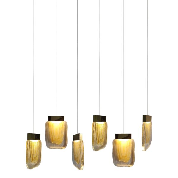 Lámpara colgante led con cuerpo de cristal ámbar en acabado oro 6 luces con cable de 3m