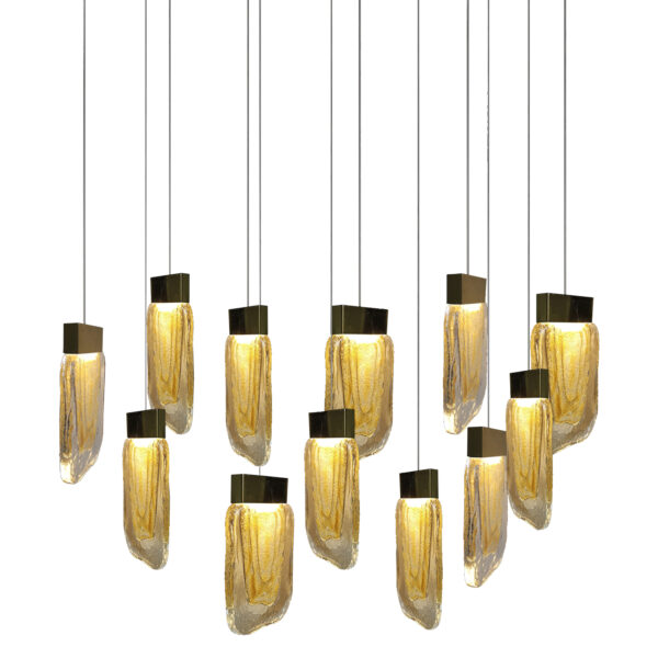 Lámpara colgante led con cuerpo de cristal ámbar en acabado oro 12 luces con cable de 3m