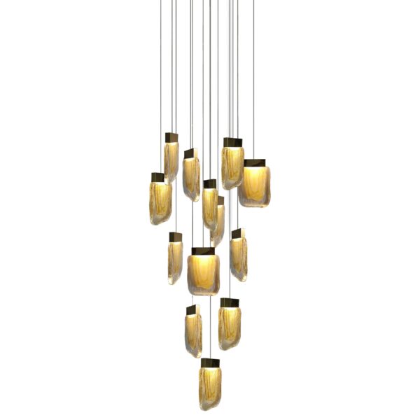 Lámpara colgante led con cuerpo de cristal ámbar en acabado oro 13 luces con cable de 3m