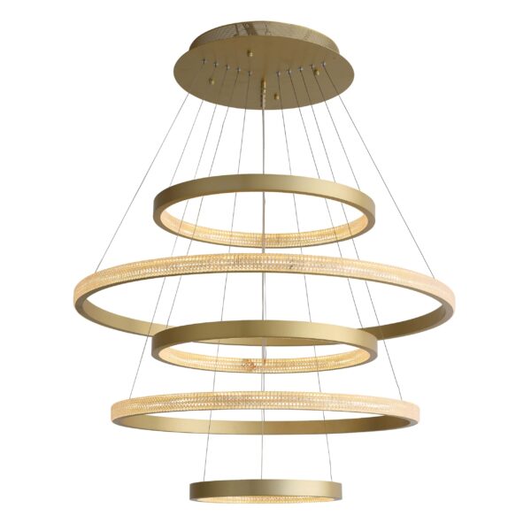 Lámpara colgante led de 5 aros en acabado oro de luz calida de altura ajustable cable de 3mts.