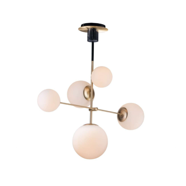 Lámpara colgante Vesper de 5 luces, acero con mármol y vidrio opal, acabado latón satinado con negro, max. 300W