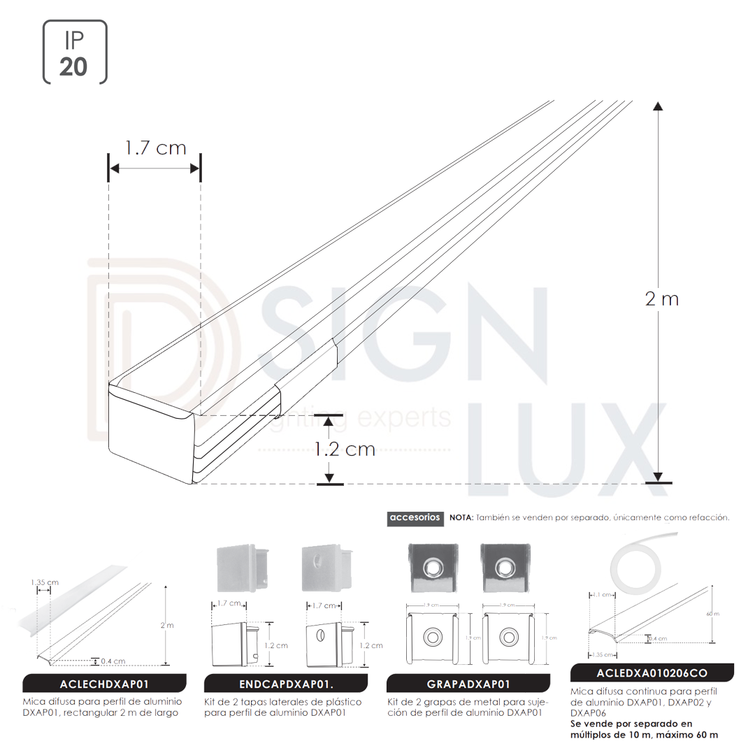 Kit de perfil para tira extraplana de led, con ceja, que incluye, perfil rectangular de aluminio de 2 m, mica difusa de 2 m, kit de 2 tapas laterales y kit de 2 grapas, de empotrar o sobreponer, protección IP20