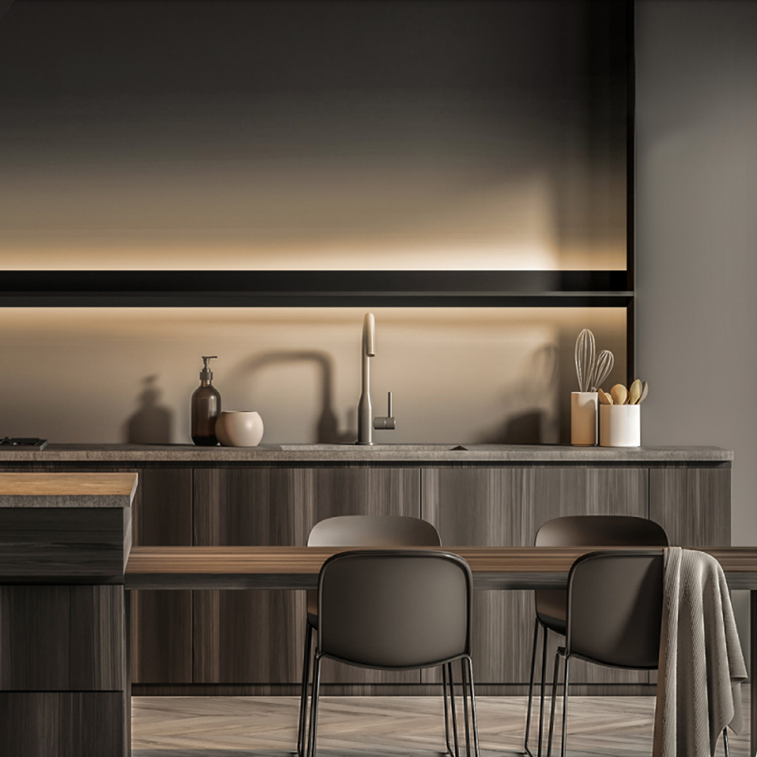 ILUPA1855NKIT-perfil-color-negro-ilumileds-AMBIENTE Kit de perfil de aluminio con ceja para repisas de sobreponer de 2 m para recibir tira extraplana de LEDs ILUPA1855NKIT. - Imagen 4
