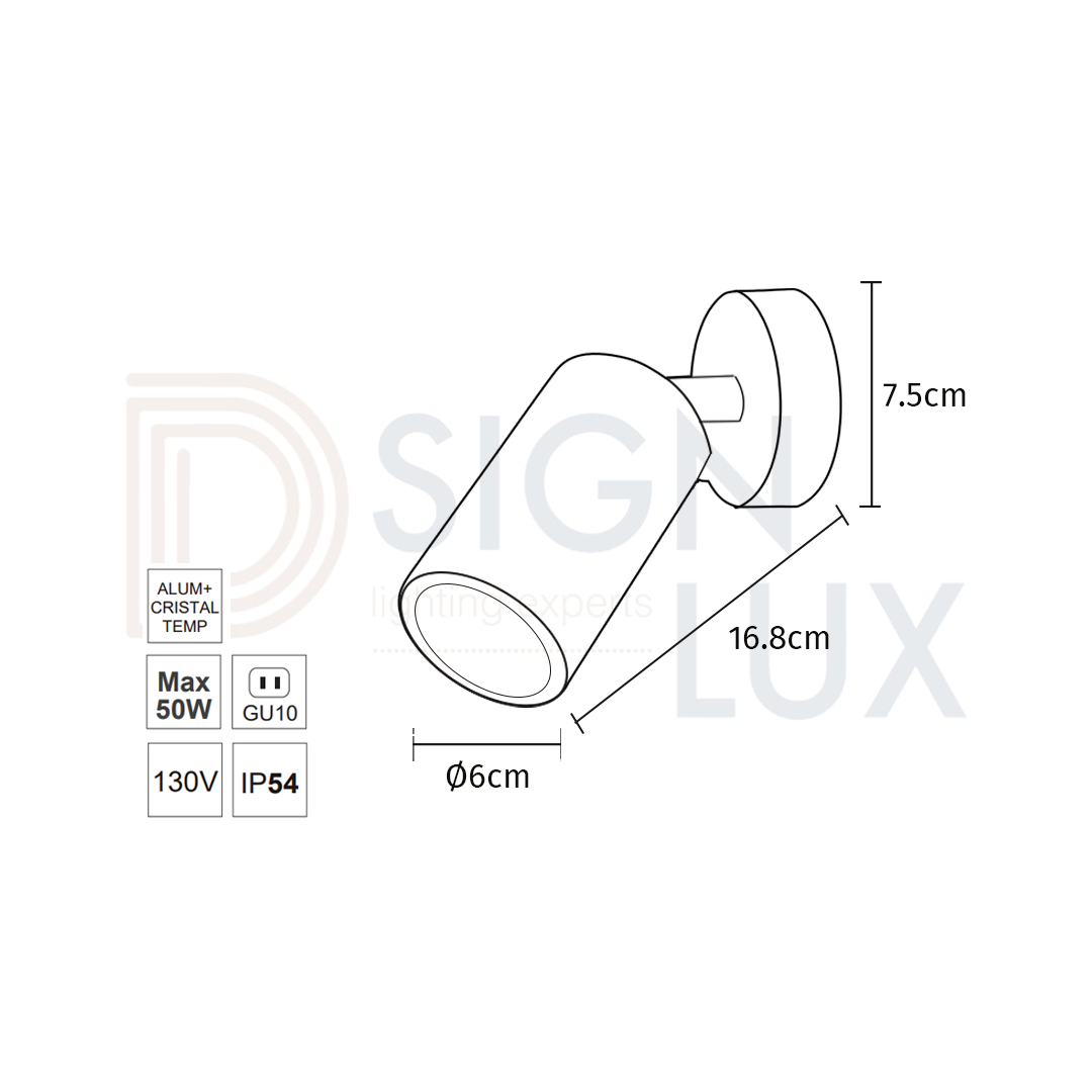 Lampara-para-pared-led-color-gris-05-8054-03-ODIN-ASTROLED-medidas Lámpara de sobreponer en pared, tipo spot, dirigible, con base GU10 (no incluye foco) para interiores y exteriores IP54 - Imagen 4
