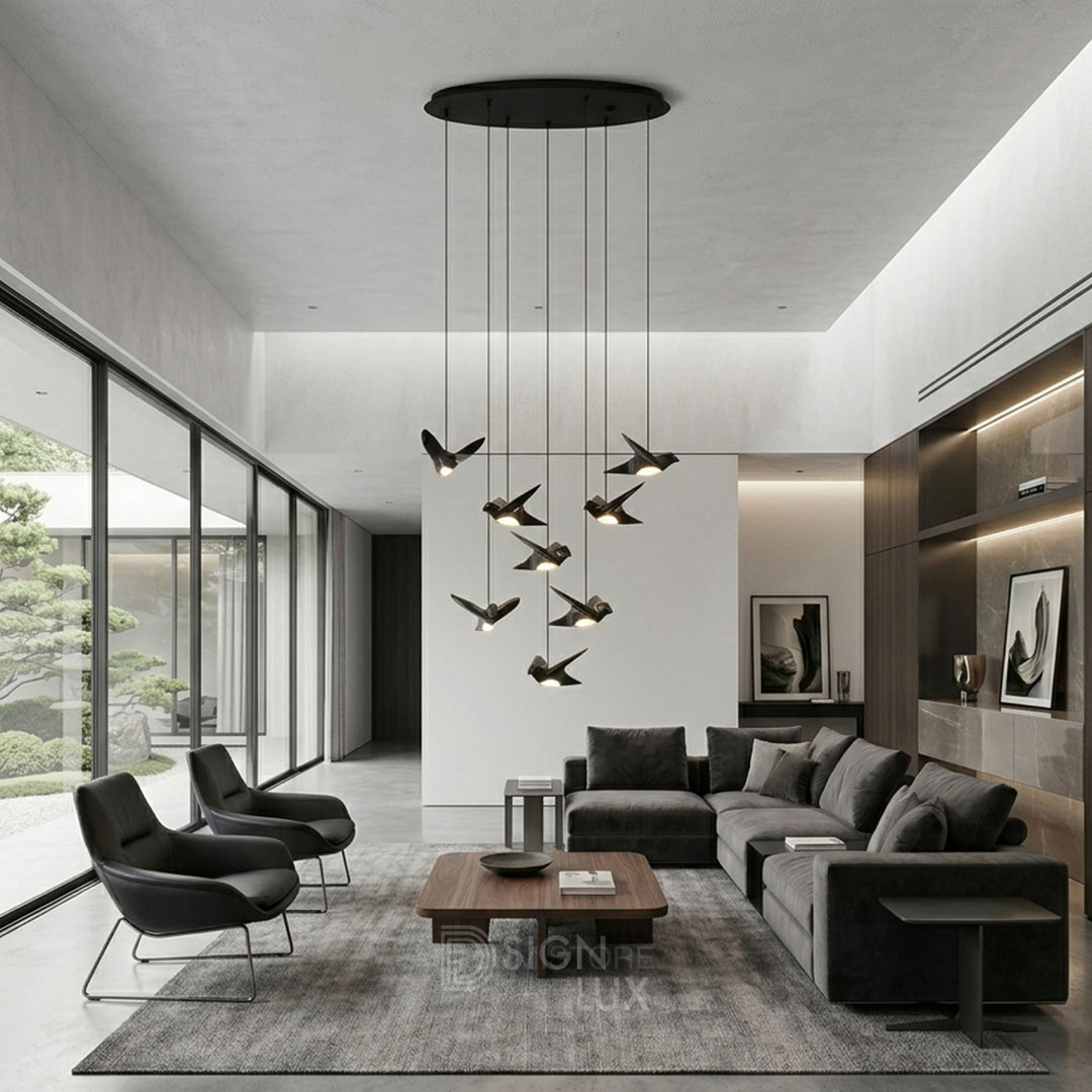 lámpara colgante led de 8 aves suspendidas en acabado negro níquel, luz cálida 3000k y altura ajustable paratebueno 390055a lámpara colgante led de 8 aves suspendidas en acabado negro níquel, luz cálida 3000k y altura ajustable paratebueno 390055a