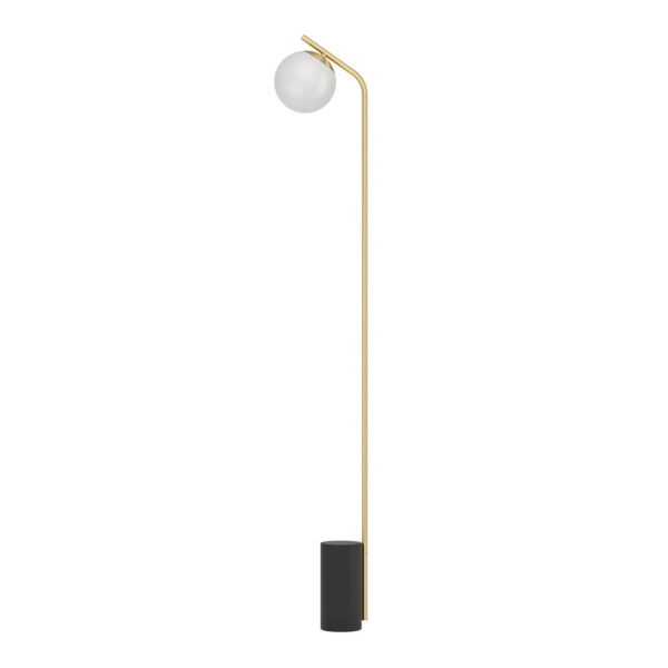 lámpara de piso minimalista con esfera de vidrio opalina y acabado negro con latón cepillado, base e27